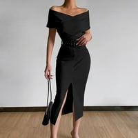 Женски рокли солидни извън рамото тяло с дължина на глезена на мода за късо ръкав лятна рокля черно 3xl