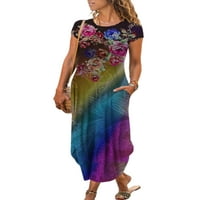 Grianlook жени дълга рокля лятна флорална щампа с късо ръкав плажна риза рокли Sundress Colorful XL