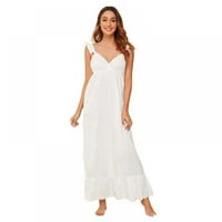 Жени Лято широка каишка Sundress Casual Ruffled Smocking Party Wedding Beach Long Maxi Dress White S US 0