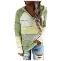 Пуловери за жени Дамски пуловери Модни жени Небрежни пачуърк V-образен деколте с дълги ръкави с качулка с качулка блуза, зелени xxxxl