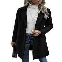 Елегантно вълнено яке с джобове опростки жени небрежни изстрелни дрехи отворени предни вълнени твърди цветове средна дължина тренчко палто черно s