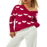 Жени Естетика Сърдечно печат V Врат Пуловер Електронна момиче сладък дълъг ръкав горещи розови пуловери Harajuku 90-те плетани