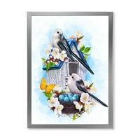 Дизайнарт 'две Птички, седящи в близост до гнездото с яйца и бели цветя'