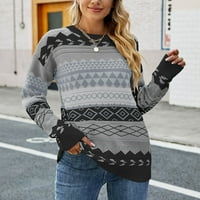 Есенни пуловери за жени плюс размер модна ежедневна ретро цветен контраст печат диамантен плетене с дълъг ръкав кръгъл пуловер Black s