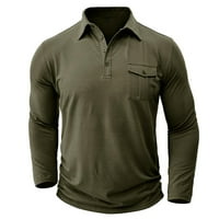 Мъжки риза за бельо, мъжки копче за шия на екипажа спорт дълъг ръкав кръг-деколте блузи и ризи армия зелено 8