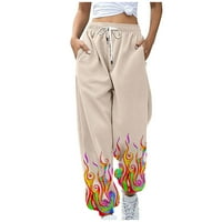 Дамски Висока талия еластични панталони пламък печат анцуг с джобове тичане шнур панталони