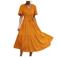 Женски рокли отпечатани v-образно деколте A-line дължина на коляното ежедневно лято рокля с къс ръкав жълт l