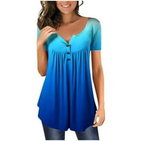 Дамски върхове с къс ръкав небрежна блуза солидна жена тройник V-образно време летни блузи сини xl