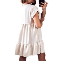 Grianlook жени Sundress Solid Color Mini рокли v Врат тениска рокля дами свободни торбисти с къс ръкав млечно бяло m