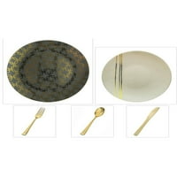 Колекция за дизайн на мотиви Сиво W злато геометрично наслагване 10.25 Пластмасови чинии за вечеря + крем W златни ивици 8 Пластмасови чинии за салата + златни прибори *?