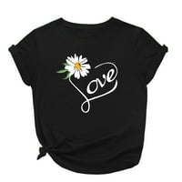 Puntoco жени върхове Clearance Небрежен свободен флорален буквен печат Топ тениска черна