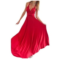 Рокли за жени плюс размер женски клирънс a-line солидна V-образно деколте без ръкави на глезена секси рокли за излишък червен m