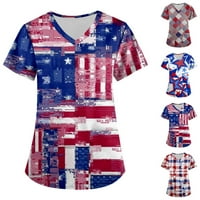 Дамски скраб върхове евтини американски флаг печат с къс ръкав патриотичен 4 юли плюс размери скраб върхове с джобове, син л
