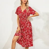 Рокли за жени женско прилепване и пламък с v-образен деколте с къс ръкав ежедневни флорални рокли над коляното модни слънчеви рокли червени m