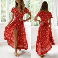 Просвета летни рокли за жени с къс ръкав A-Line Дължина на глезена Модна отпечатана рокля с v-образно деколте червено 3xl
