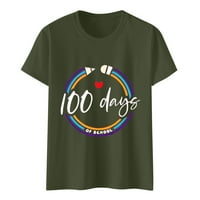 Летни блузи за жени Честит 100-ти ден на училище жените Многоцветни тениска с къс ръкав графични печатни върхове тениски за жени ,Армия зелено,М