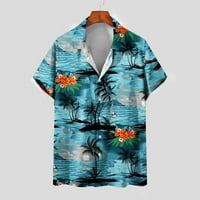 Кавеитл Мъжка риза, мъжка риза 3Д не позициониране Хавайски печат с къс ръкав ревера риза плажна риза топ блуза Светло синьо