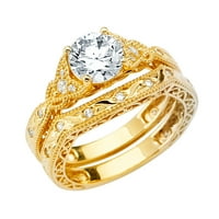 Уелингсейл Дамски масив 14к жълто злато полиран кубичен цирконий годежен пръстен + Сватбена халка булчински комплект-размер 9