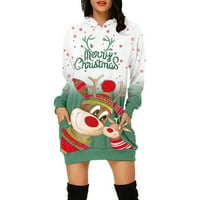 Коледа дълги качулки за жени градиент мини суитчър рокля сладък лос елени Графичен туника Дълъг ръкав пуловер за почивка зелен х-голям