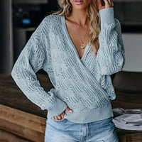 IOPQO Пуловери за жени Дълбоки с V-образно деколте пуловер с дълги ръкави за плетене на плетене на плетене на плетене на ръкавици