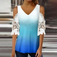 Дамска летна тениска с V-образно деколте солидни къси ръкави блуза върхове син XL
