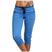 Женски суитчъри с висока талия с твърд каприс свободен цвят, съвпадащ тънък прилепващ йога фитнес панталони удобни джогинг панталони с джогинг с джобове със сини xl