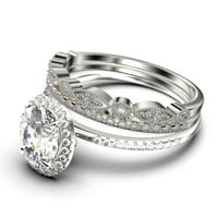 Комплект булчински пръстен Art Deco 2. Карат овален нарязан диамантен мосанит годежен пръстен, сватбен пръстен в 10k плътно бяло злато, подарък за нея, подарък за жена, обещание за трио на пръстена трио