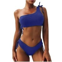 Комплект бикини за жени бански костюм секси модни бикини солидни две печат бански костюми плажни дрехи Син XL