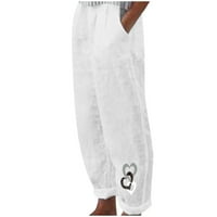 Amtdh женски модерни суитчъри Изсветгване на сърдечен печат Еластична талия памук и ленени панталони с джобове плюс размер леки ежедневни свободни панталони Дами есенни модни бели XL