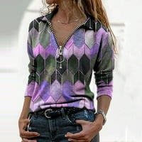 Mishuowoti fashion жени женски ревера геометричен печат цип дълъг ръкав ежедневна блуза тениска отгоре