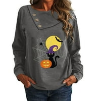 Jikolililili жени Хелоуин върхове Дамски небрежен бутон с дълъг ръкав надолу от отпечатана кръгла врата пуловер в горната блуза