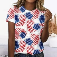 Oaliro American Flag Флорални блузи за жени облечени елегантни 4-ти юли Сладки летни върхове за жени Патриотична независимост Ден на червена модна печат кръг-деколте с къс ръкав небрежен