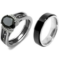 Двойка пръстен комплект Дамски черни овални нарязани КЗ сватбен пръстен комплект Мъжки два тона Спининг лента-размер В10М8