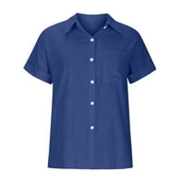 asdoklhq дамски плюс размери разпуснат женски върхове модни солидни бутони риза женски V-образно деколте тениска блуза син xxxxl