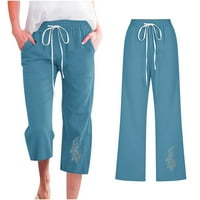 Женски панталони от капри разхлабени йога памук спално бельо, работещи с салон, свободни годни прилепнали панталони за талия с леки торбички подрязани панталони със странични джобове сини L