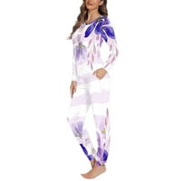 Renewold Уютен пижама комплект за жени лилави цветя ивици от печат суитчъри с дълъг ръкав пуджама пижами комплекти домашна ваканция ежедневна пижама бельо размер xs